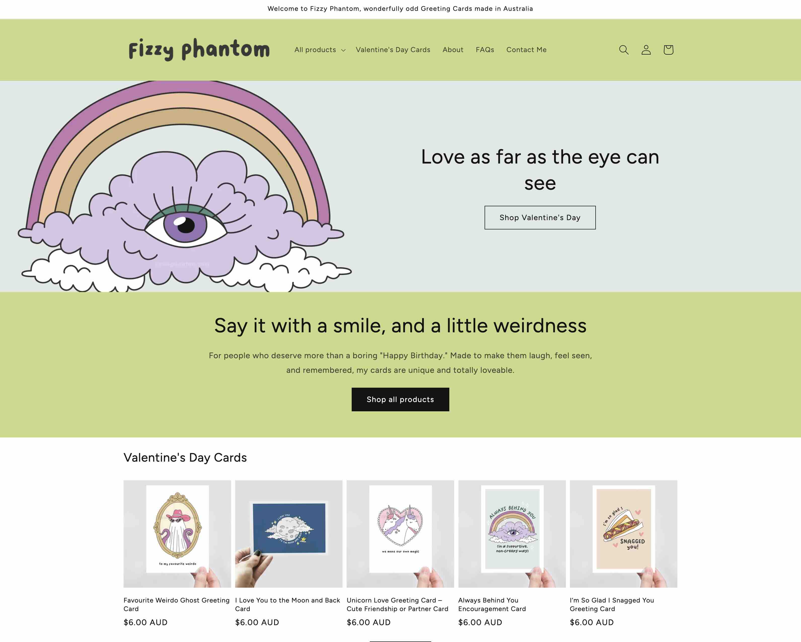 Fizzy Phantom website - Australian greeting card e-commerce store built by Midlware