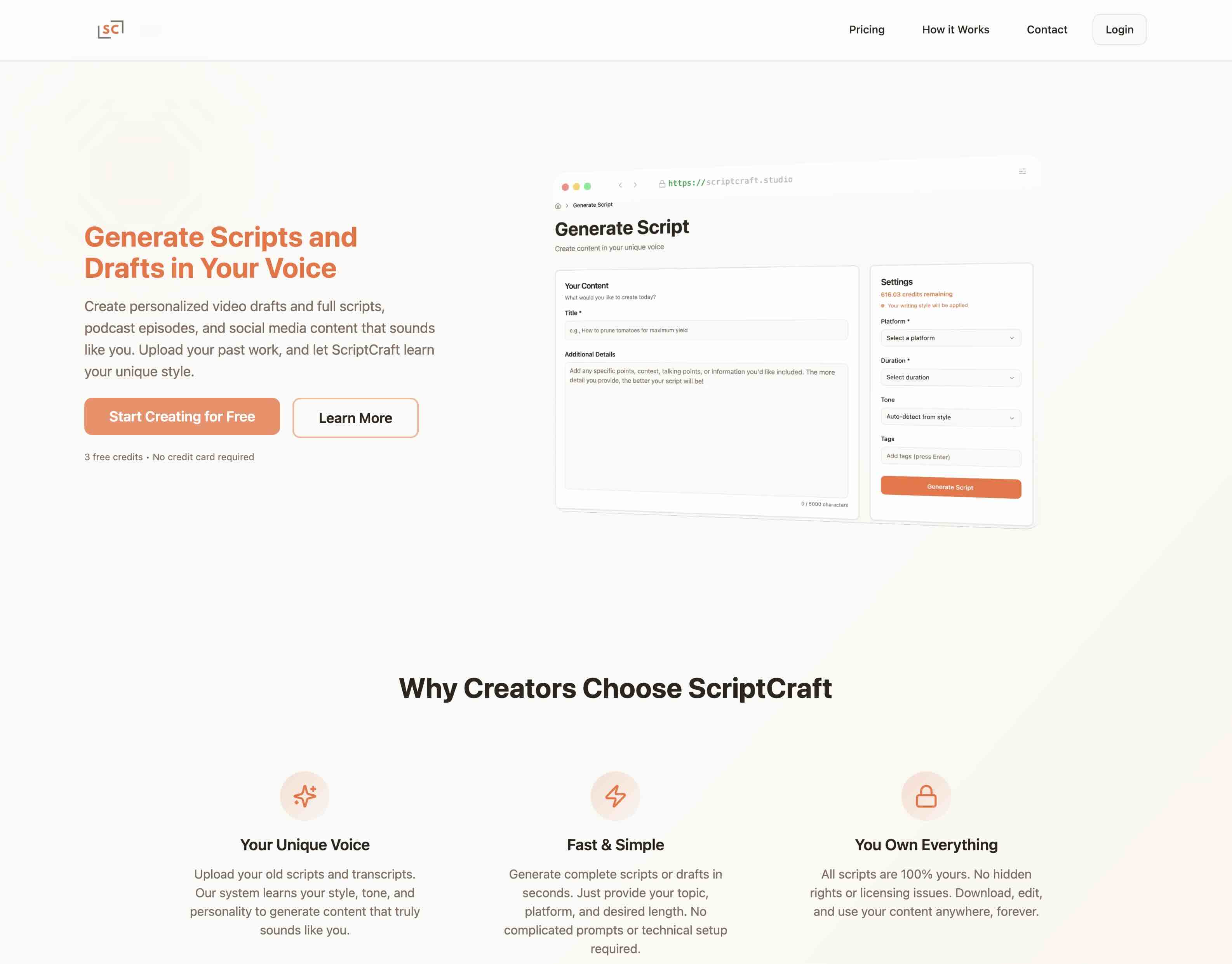 ScriptCraft website - AI script generator for content creators built by Midlware